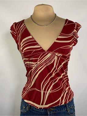 Y2K Janette Red Tan Abstract Print Empire Waist Top